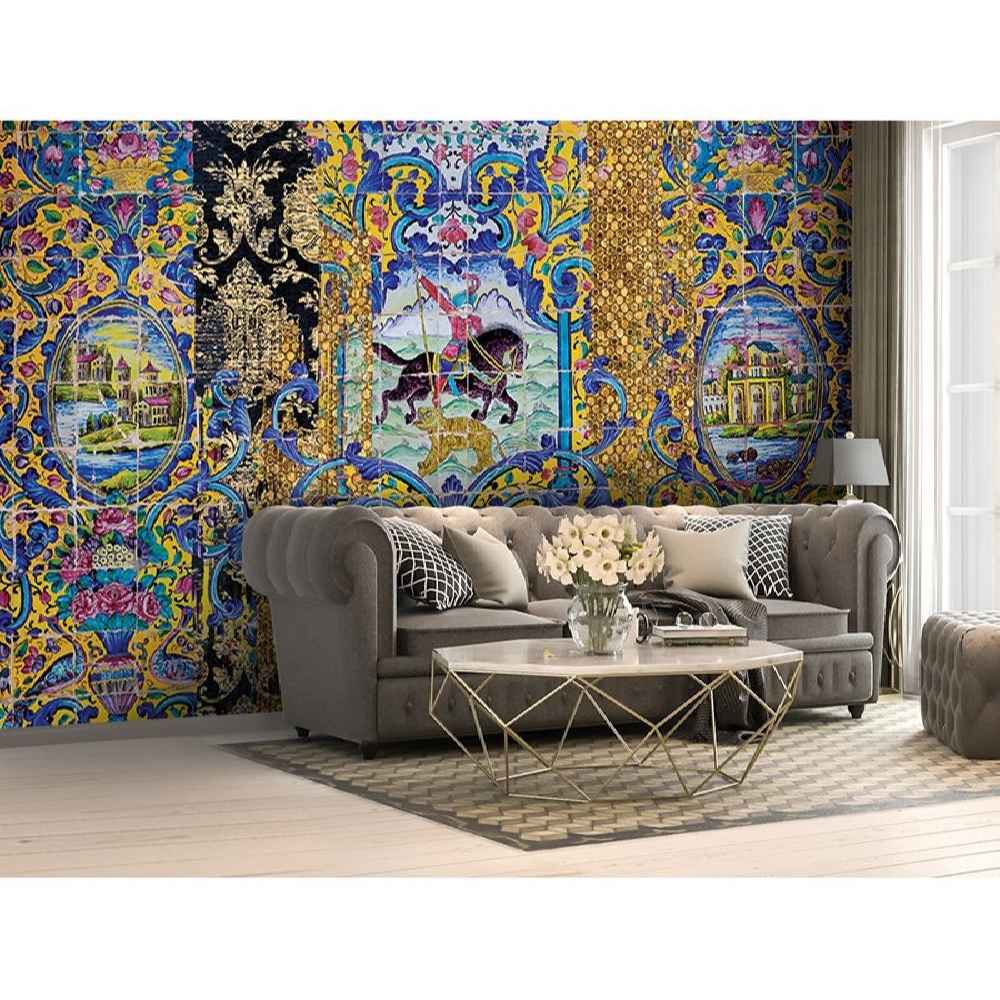 波斯蓝色传统壁画款式 Horse，适用于现代室内设计