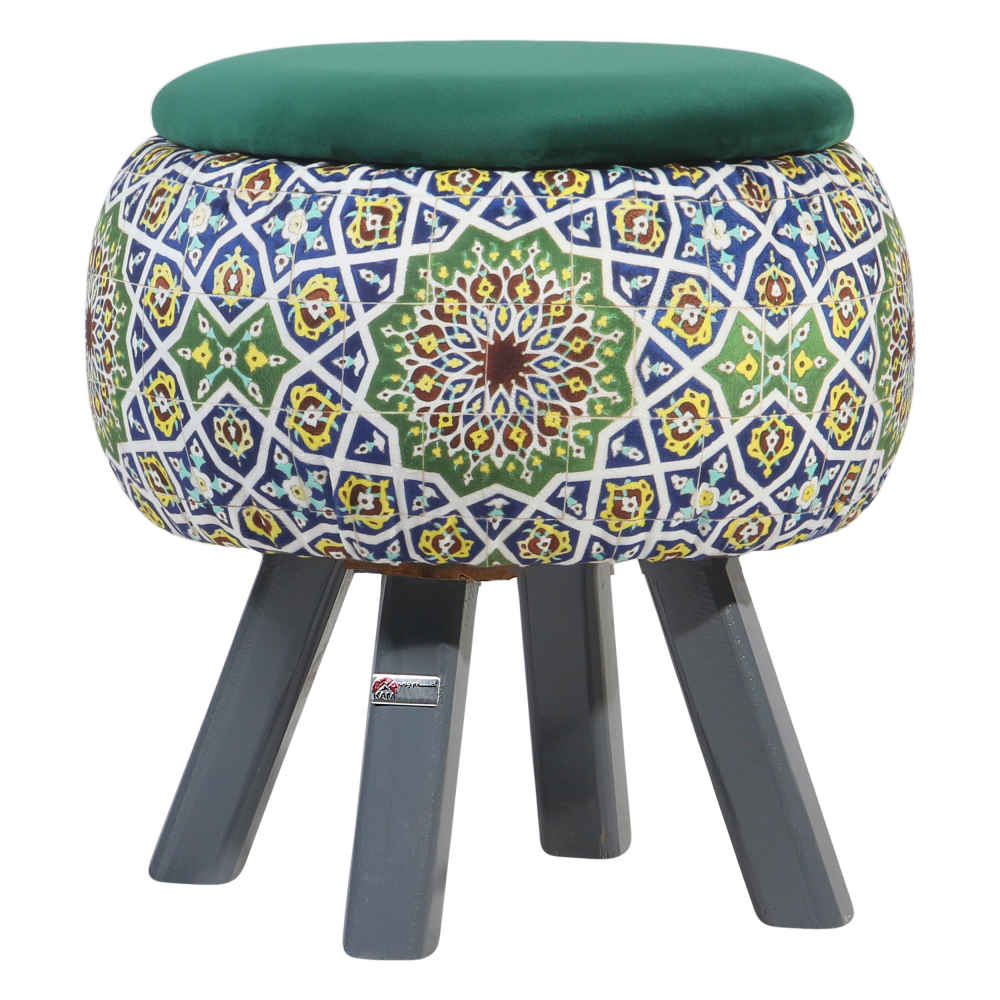 圆形天鹅绒脚凳 木质脚架 波斯艺术灵感 绿色 Emad
