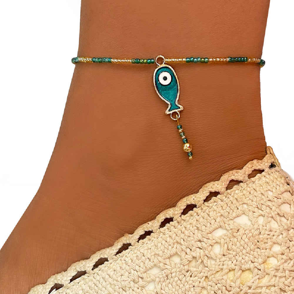 钢制串珠“邪眼”脚链,鱼款