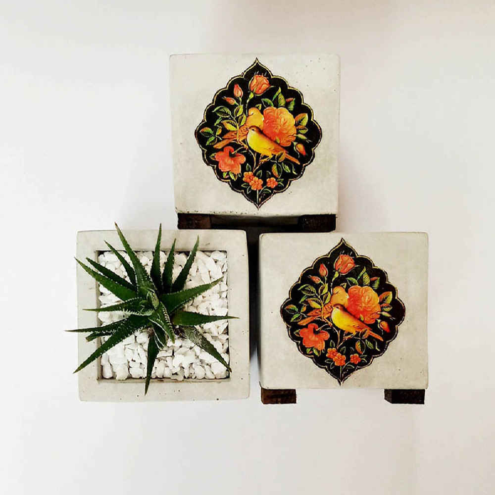 装饰波斯方形混凝土花瓶 – Gol o Morgh(花与鸟)款