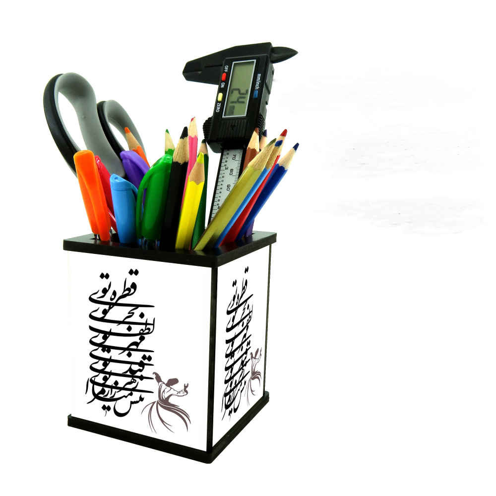 书法灵感 – 木质笔筒，带波斯图案，适合桌面使用