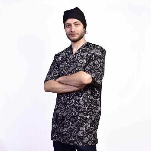 男士黑色医疗工作服上衣 & 帽子套装 – 时尚专业