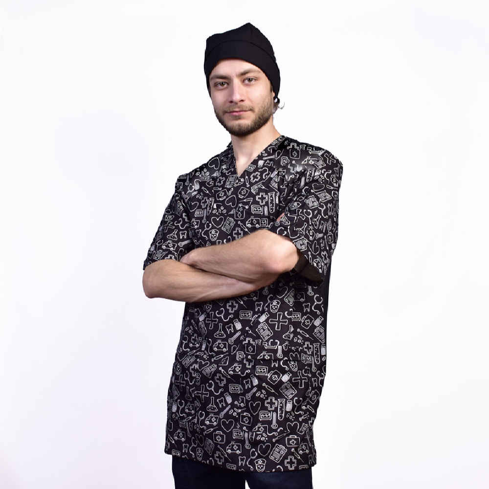 Main image of 男士黑色医疗工作服上衣 & 帽子套装 – 时尚专业