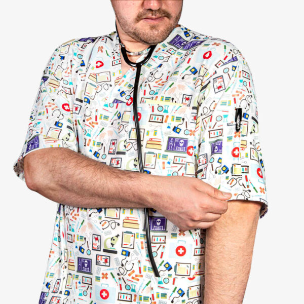 男士白色护理工作服上衣 & 帽子套装 – 清爽舒适