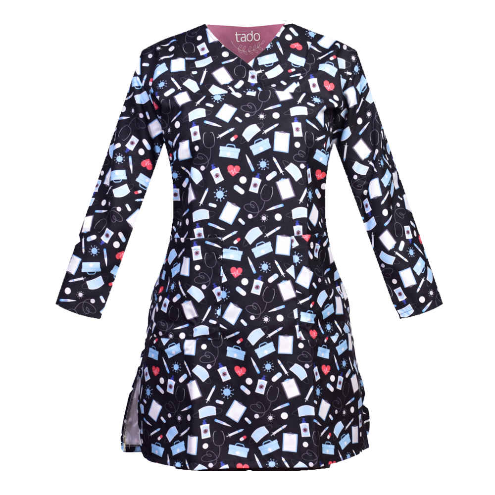 女式黑色医疗工作服上衣 – 时尚现代