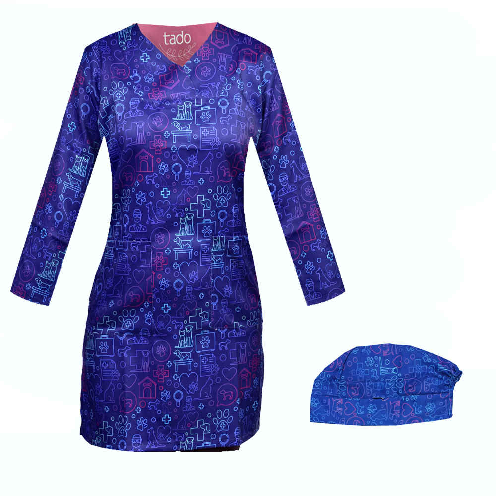 Main image of 女式蓝色兽医工作服上衣 & 帽子套装 – 专业协调