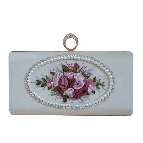 缎带刺绣手拿包，花卉细节，适合晚宴派对