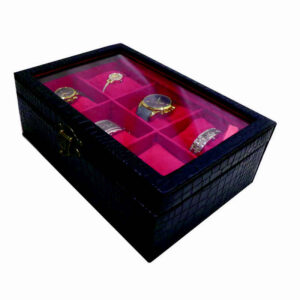 木质手表盒 – 皮革盖设计，6格