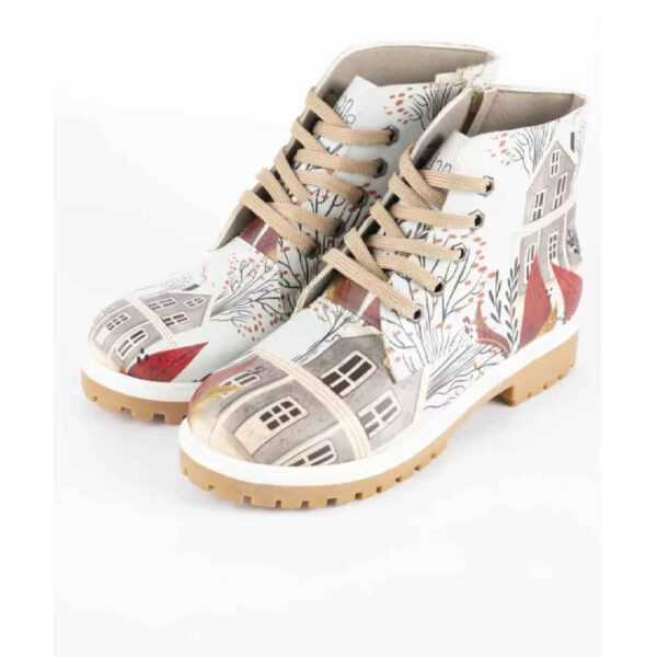 女性涂鸦印花短靴 – 村舍图案