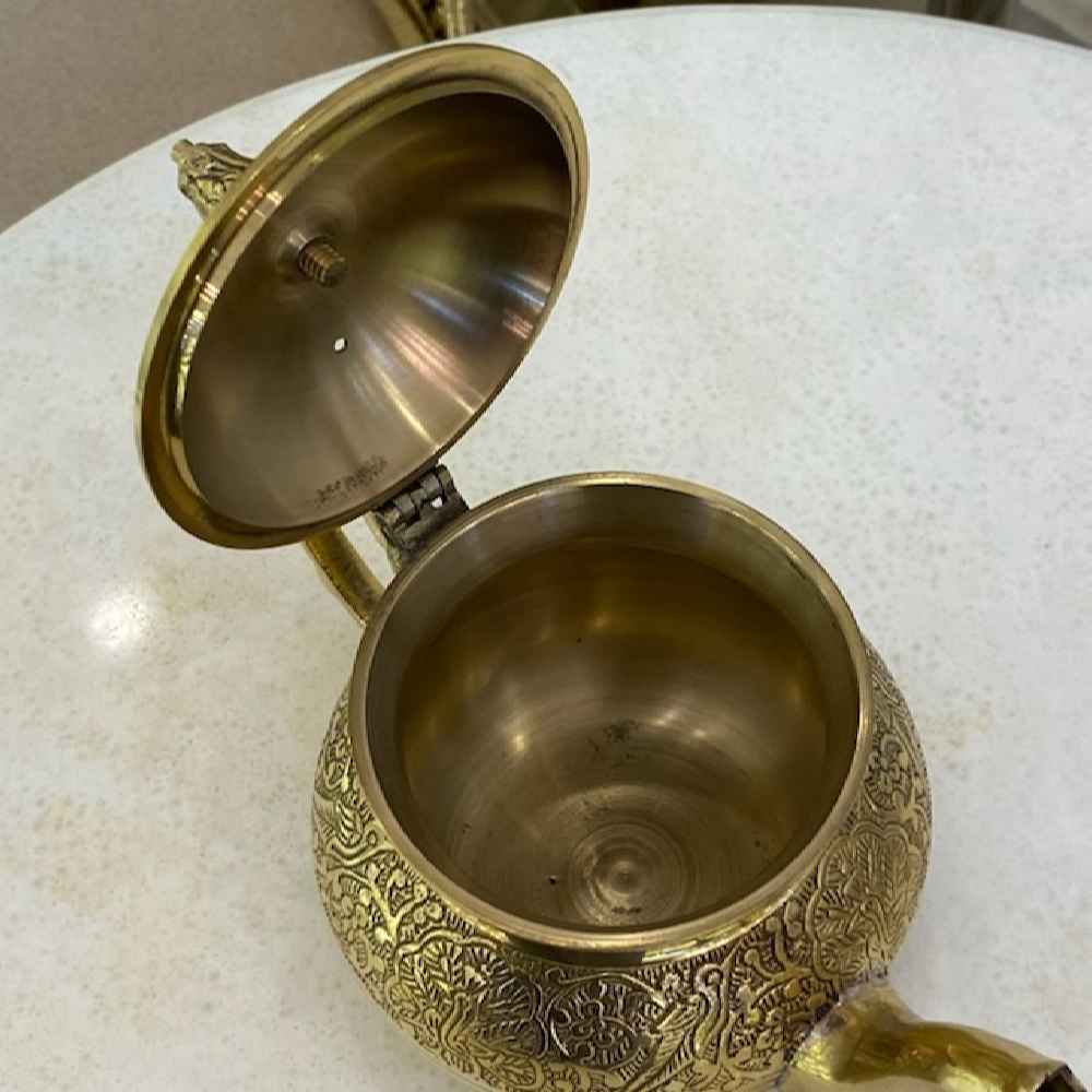 波斯黄铜茶壶 手工制作优雅花卉图案 Lux