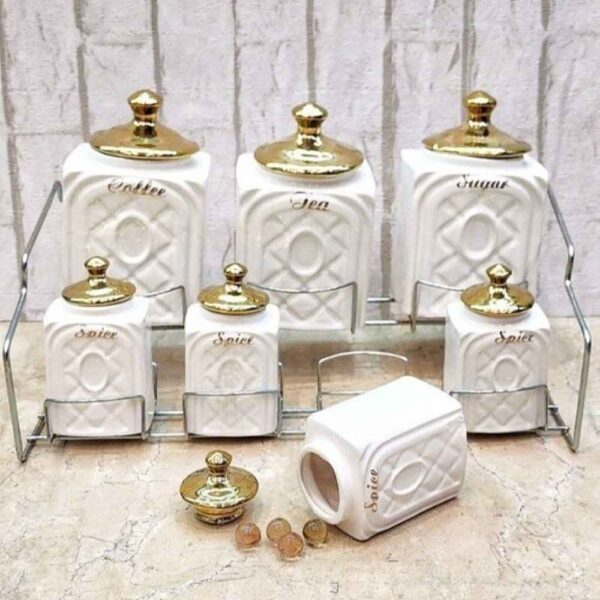 陶瓷收纳罐 – 雕花设计 金色盖款，适合咖啡、茶等储存