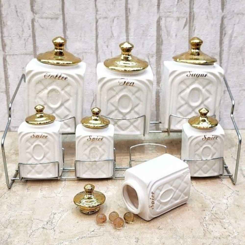 Main image of 陶瓷收纳罐 – 雕花设计 金色盖款，适合咖啡、茶等储存