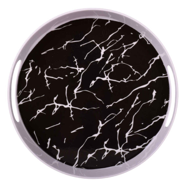 三聚氰胺圆形餐盘 带手柄 黑色大理石设计
