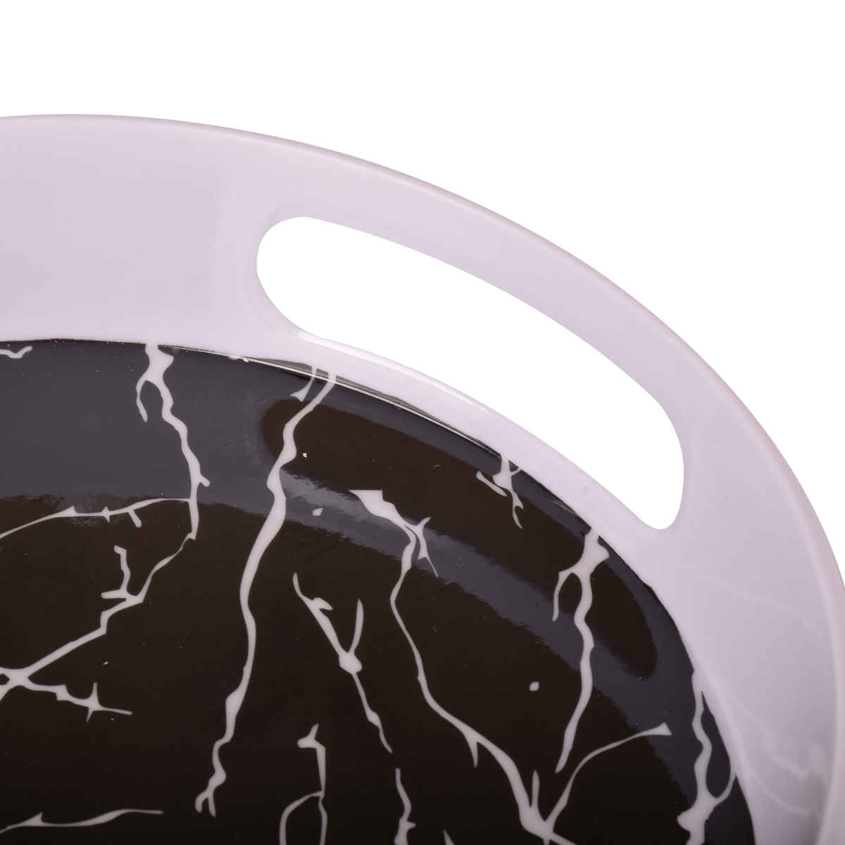 三聚氰胺圆形餐盘 带手柄 黑色大理石设计