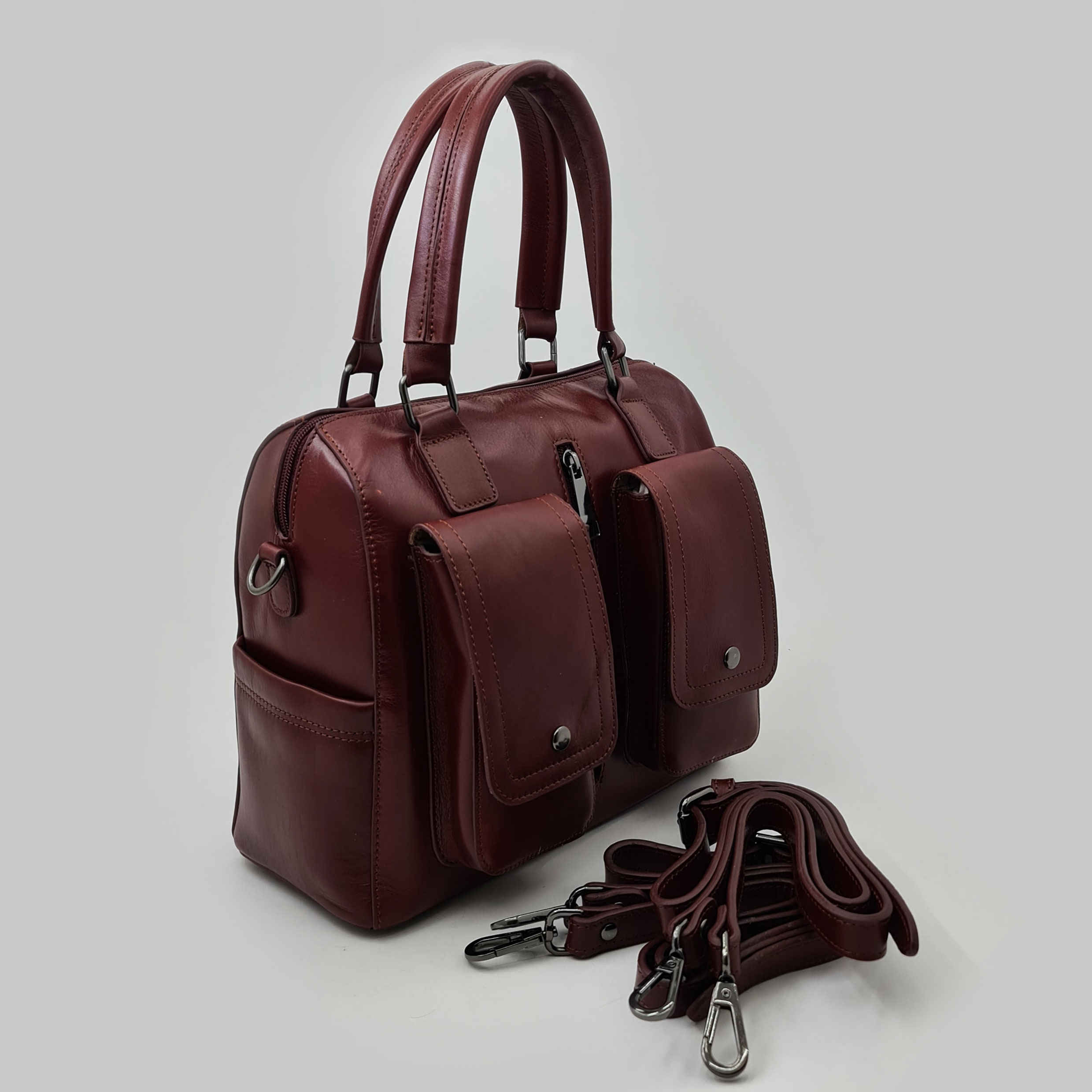 皮革 Bauletto 女士手提包,双口袋设计