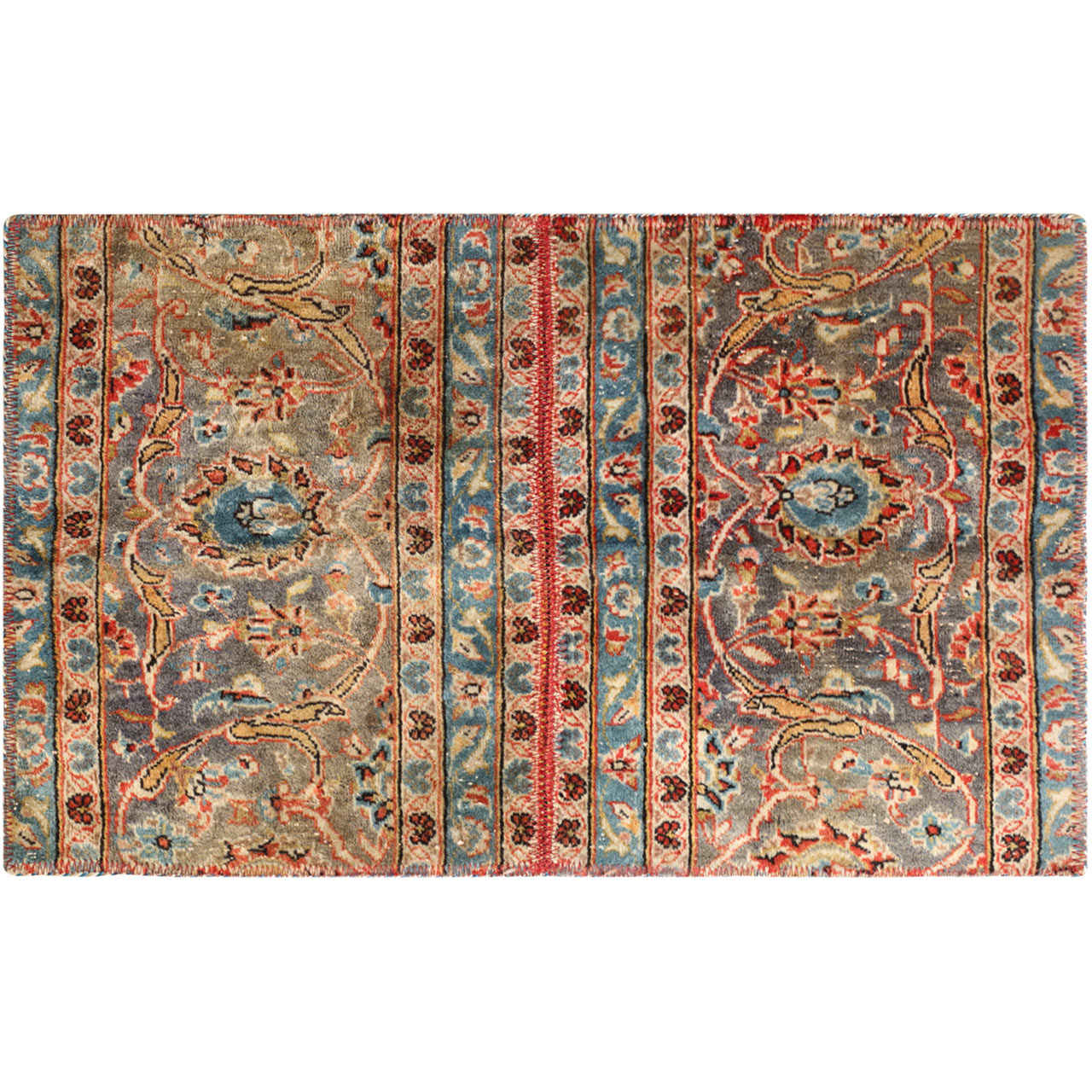 复古波斯手工打结拼布地毯 卡尚绿色