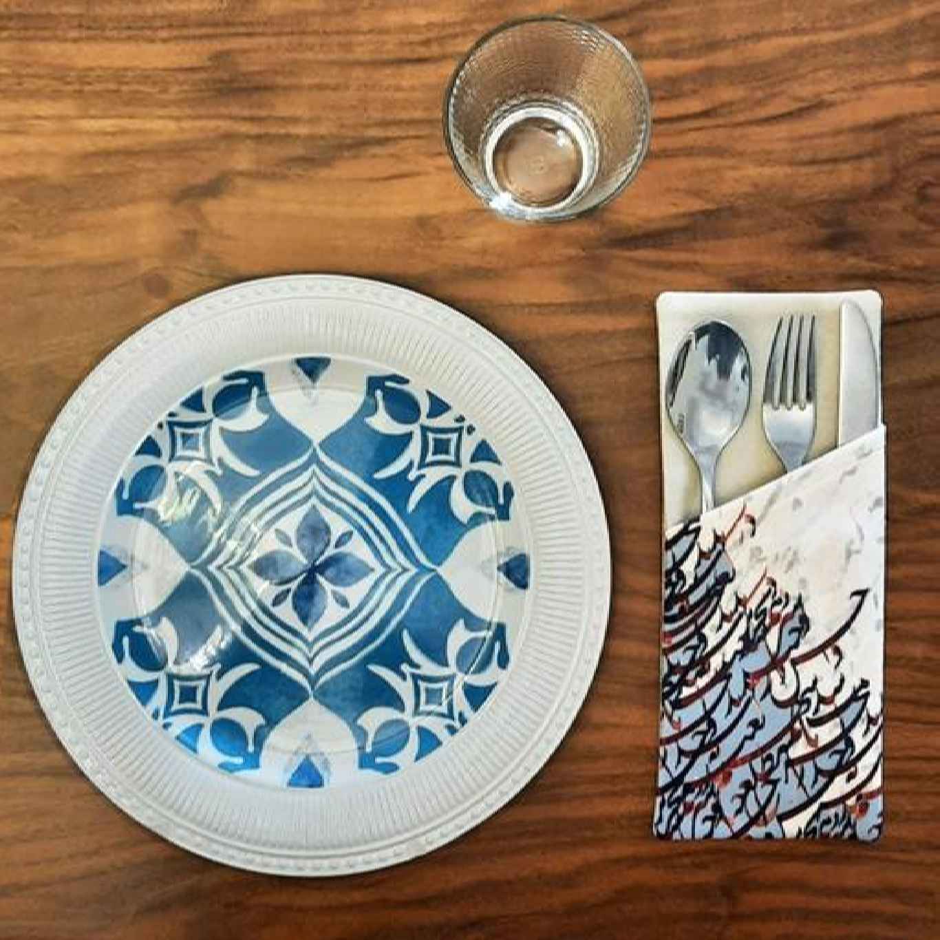 天鹅绒花卉设计餐具袋 – 优雅蓝色款