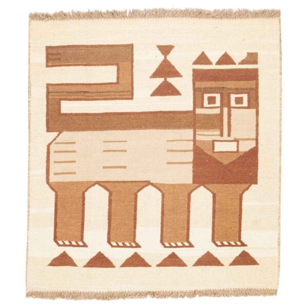 正宗波斯羊毛基利姆地毯 手工编织于克尔曼 狮子图案 奶油色