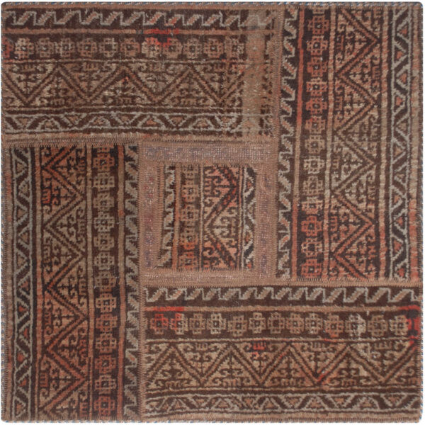 复古波斯手工打结拼布地毯 方形 棕色