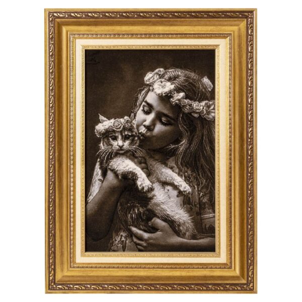 手工结波斯挂毯 – 塔布里兹，少女与猫图案