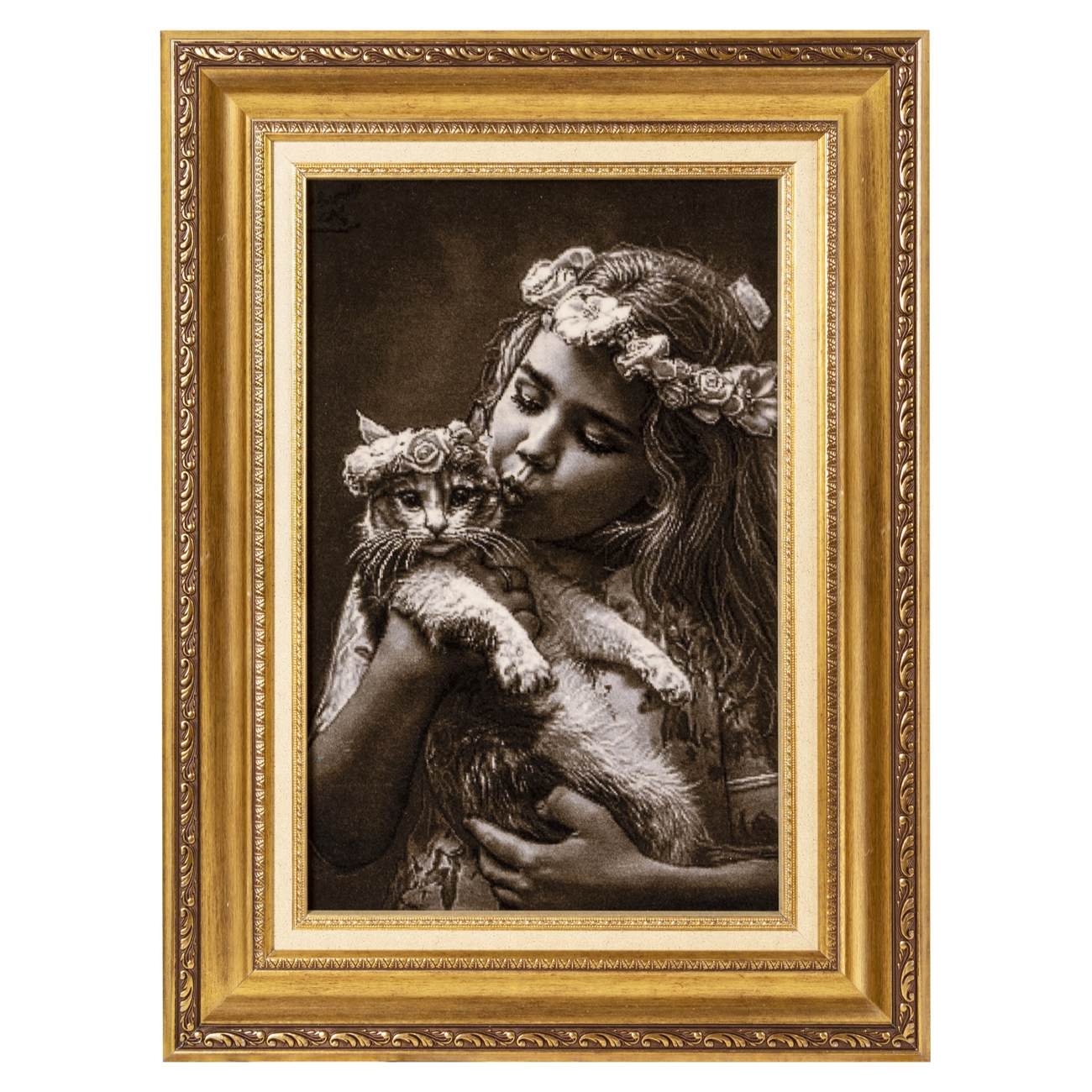 Main image of 手工结波斯挂毯 – 塔布里兹，少女与猫图案