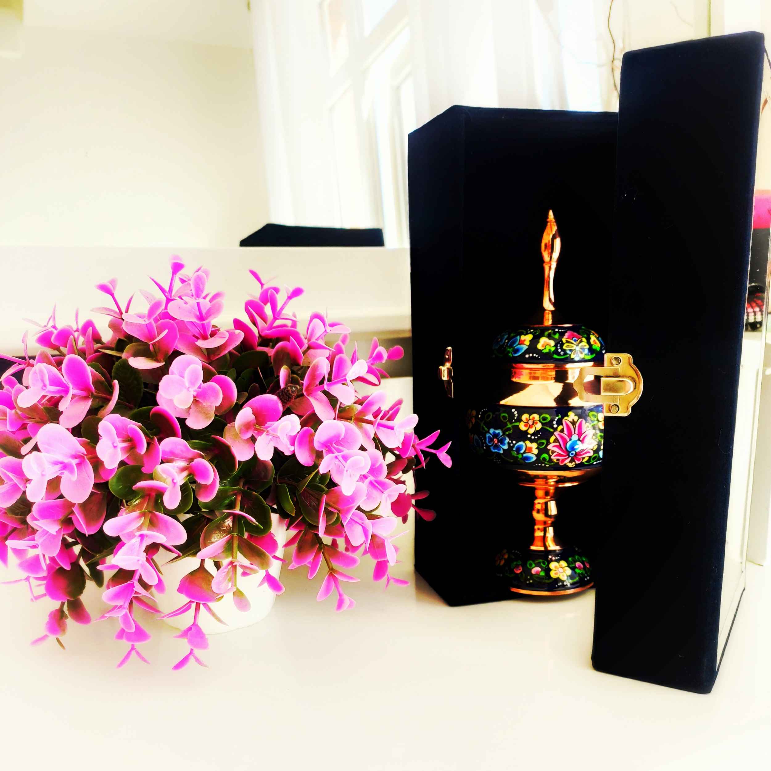 手工波斯铜制带盖糖碗 – 珐琅（Minakari）花卉款