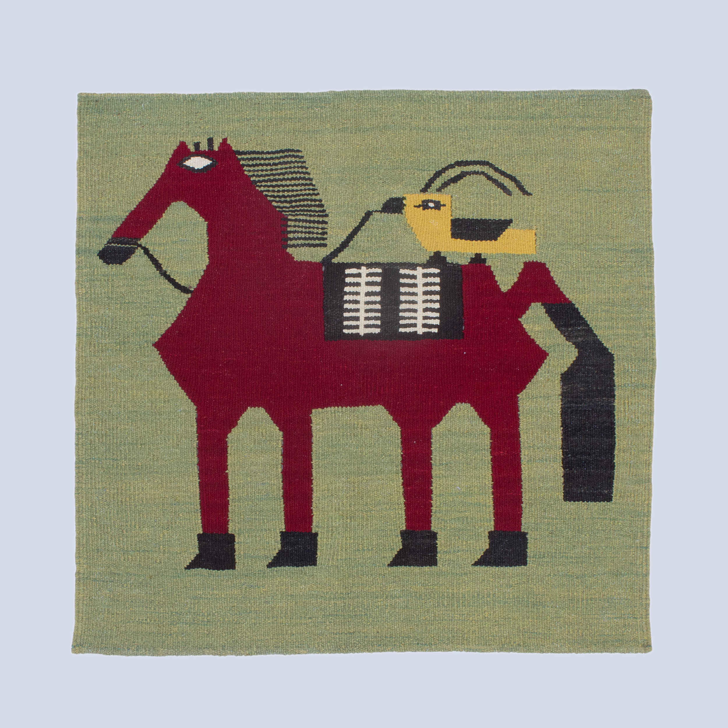 Main image of 真正波斯羊毛基利姆地毯 手工编织 马与鸟 浅绿色