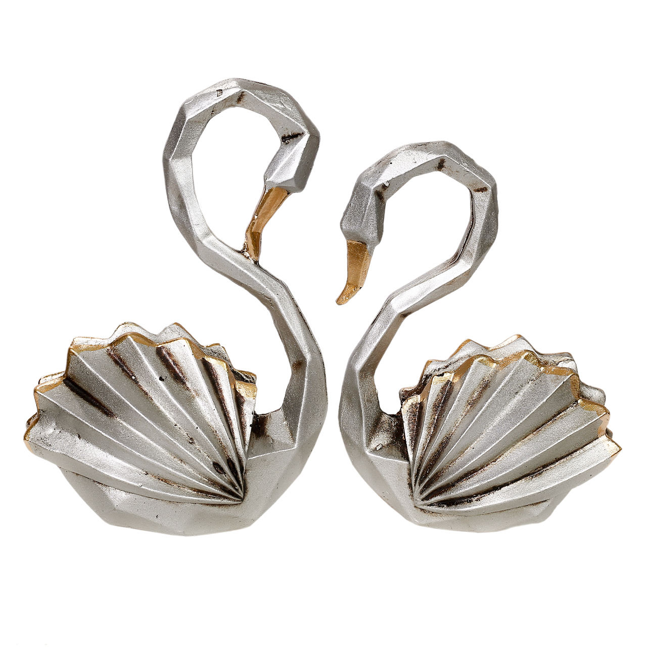 Main image of 两件套银色几何立体派天鹅雕像 – 优雅动物雕塑