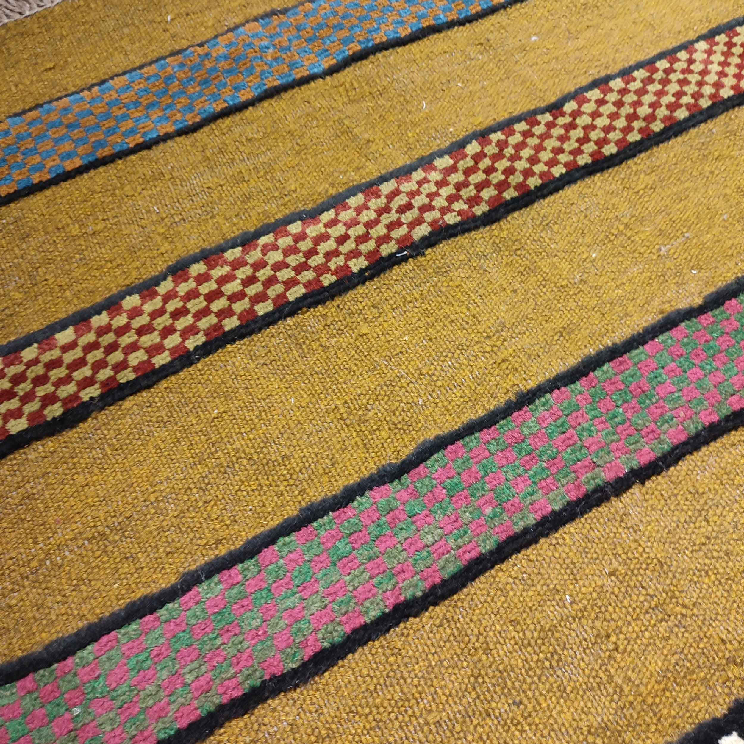 真正波斯羊毛基利姆地毯 手工编织于法尔斯 条纹黄色