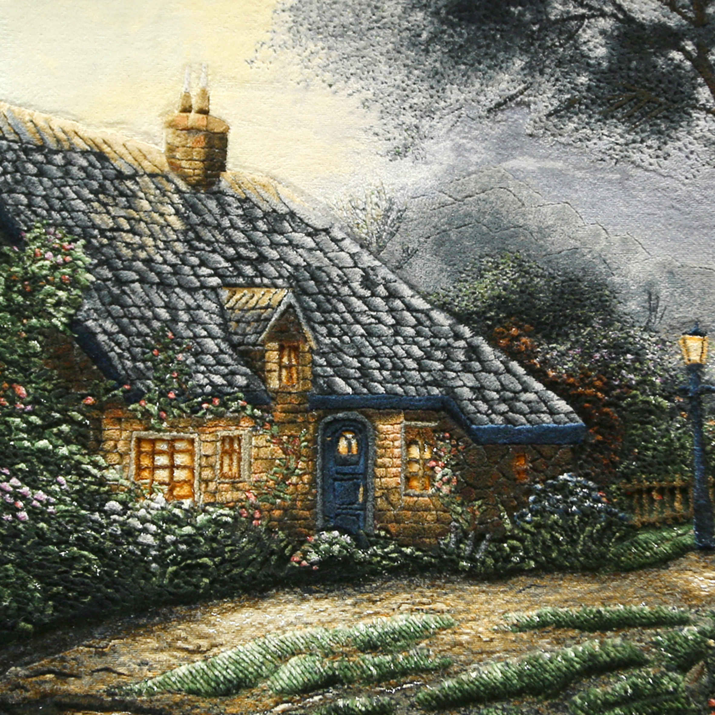 手工结波斯挂毯 – 塔布里兹，Thomas Kinkade 狐尾花小屋图案