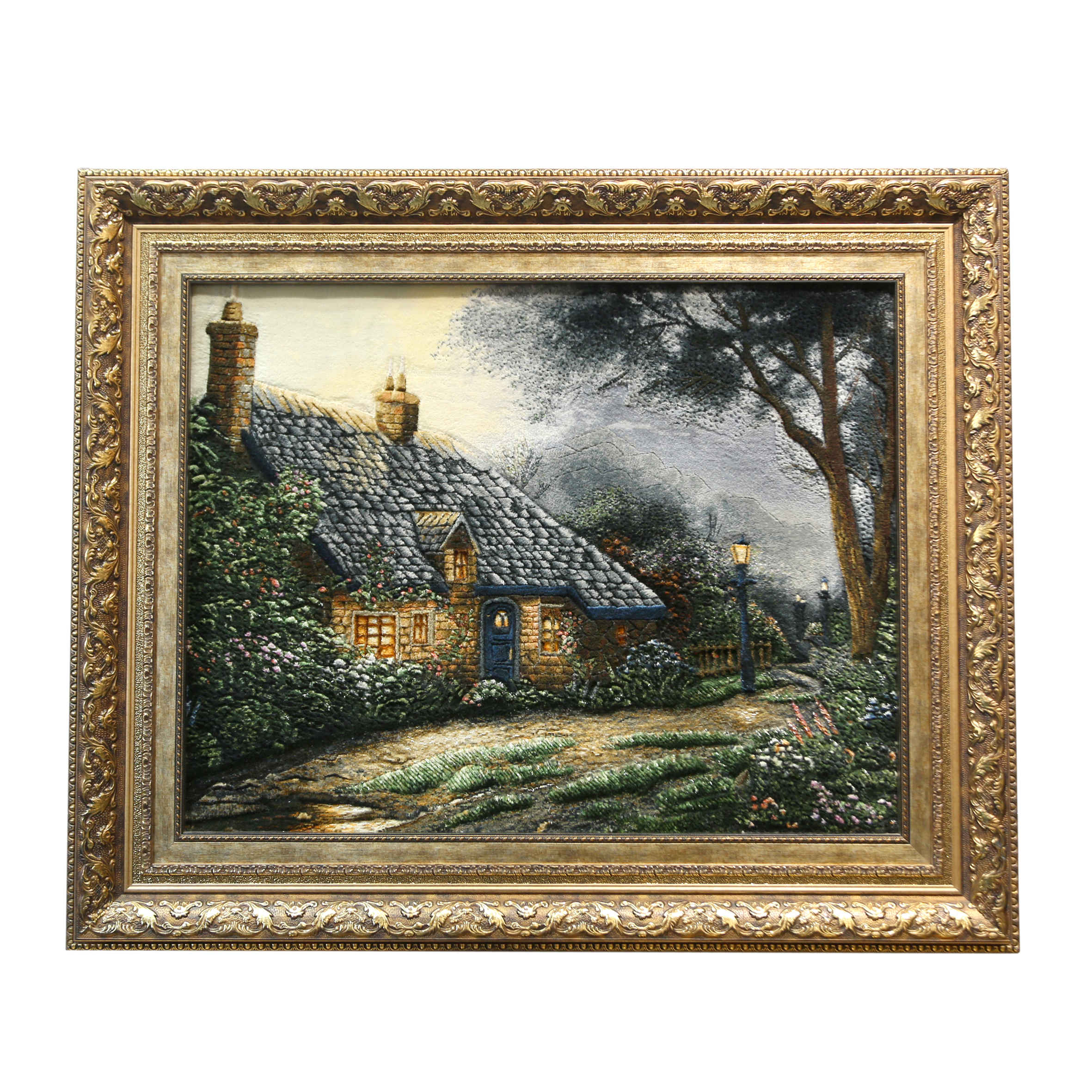 Main image of 手工结波斯挂毯 – 塔布里兹，Thomas Kinkade 狐尾花小屋图案