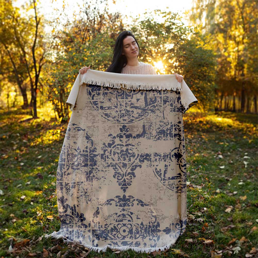 天鹅绒沙发毯 – 柔软轻盈，奶油色复古印花款