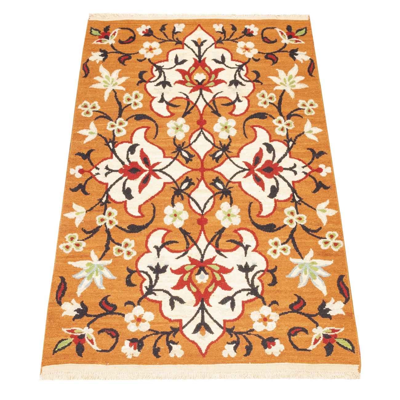 正宗波斯羊毛基利姆地毯 手工编织于克尔曼 花卉橙色