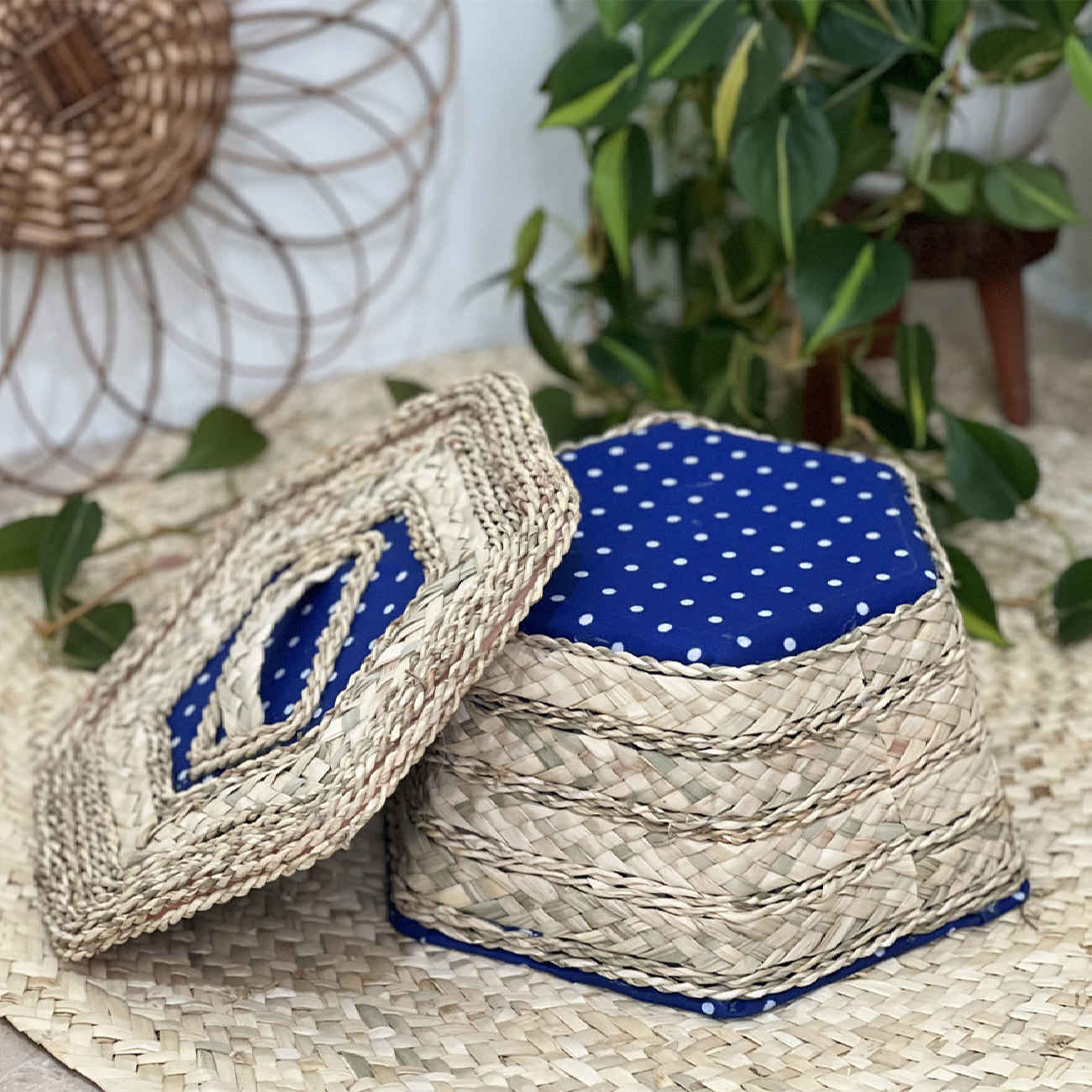 六边形设计手工编织收纳篮带盖