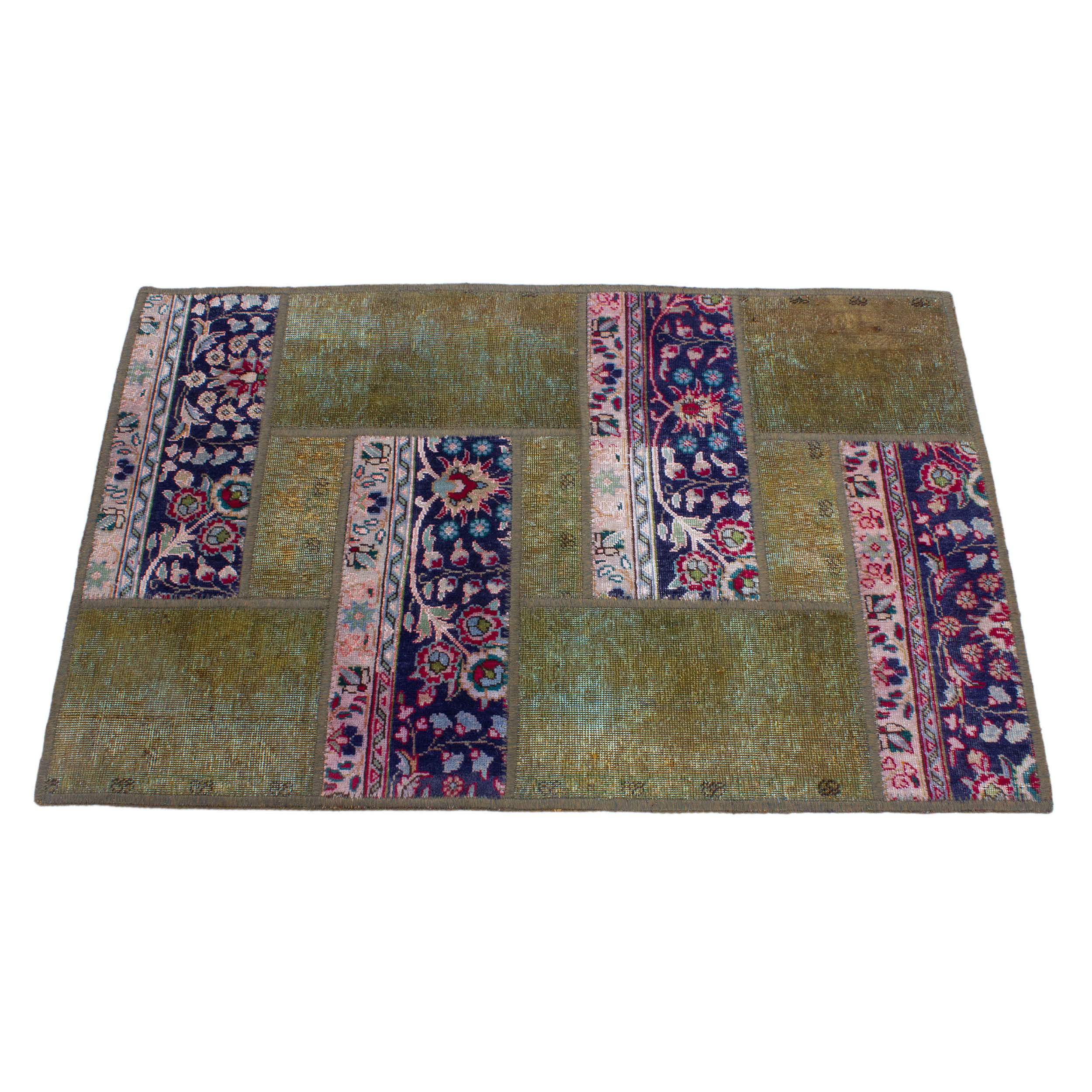 复古波斯手工打结拼布地毯 几何绿色