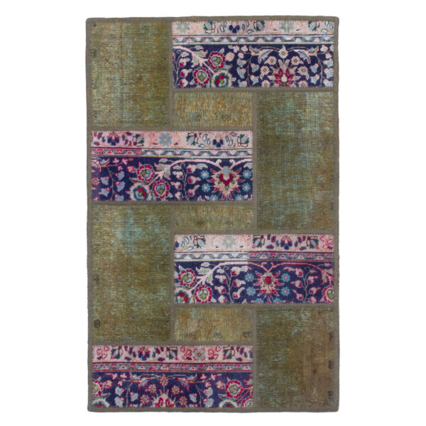 复古波斯手工打结拼布地毯 几何绿色