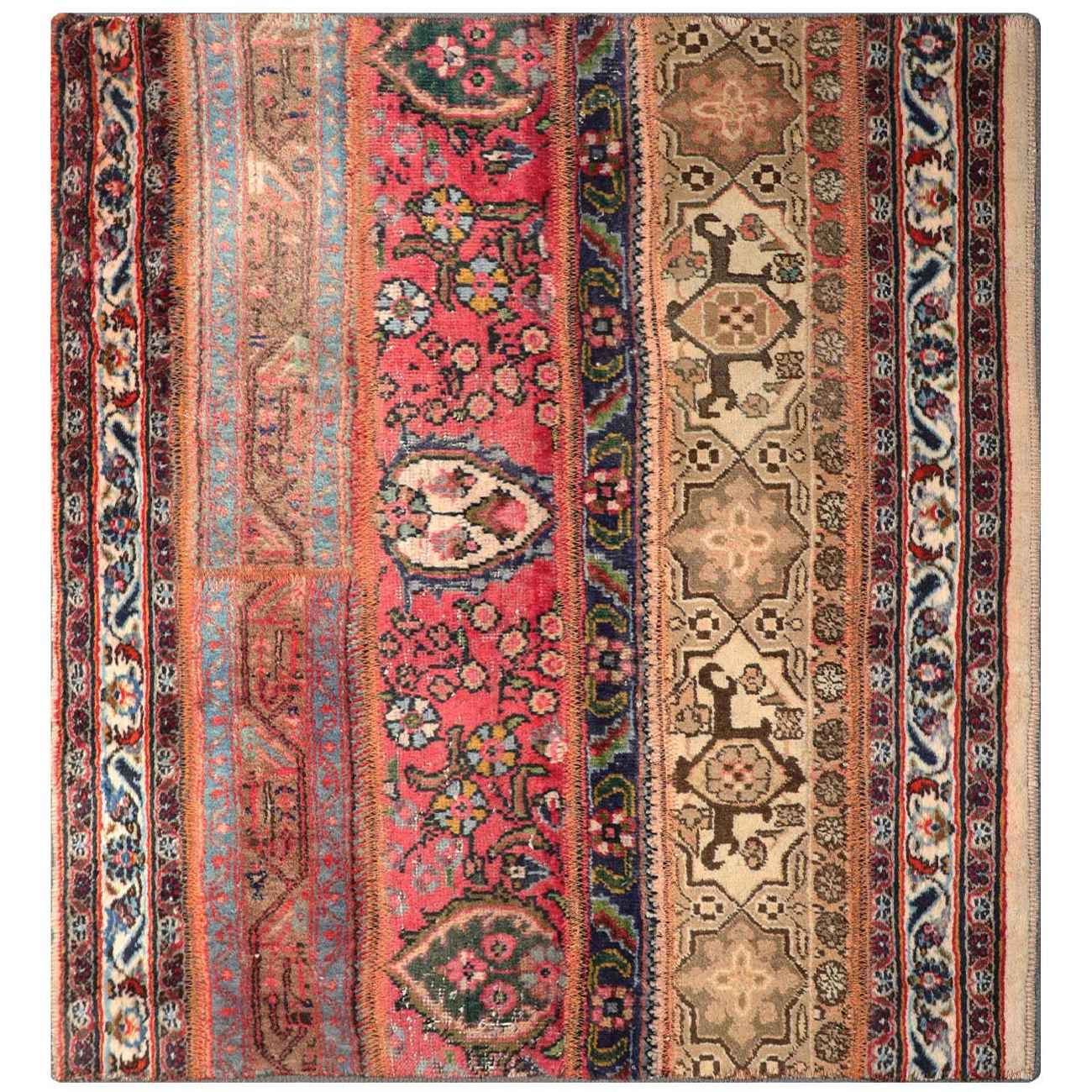 复古波斯手工打结拼布地毯 条纹