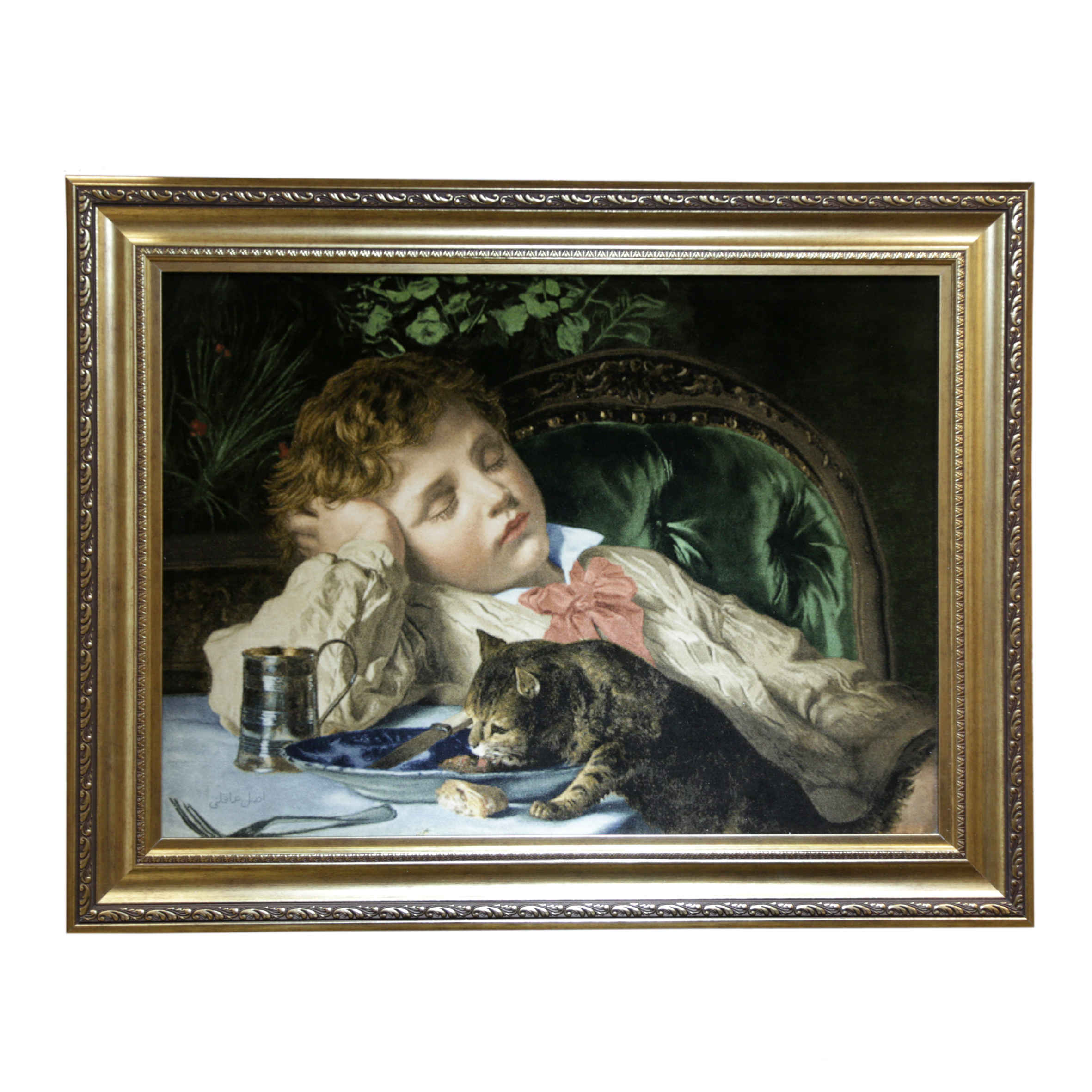 Main image of 手工结波斯挂毯 – 塔布里兹，睡眼朦胧的男孩与猫图案