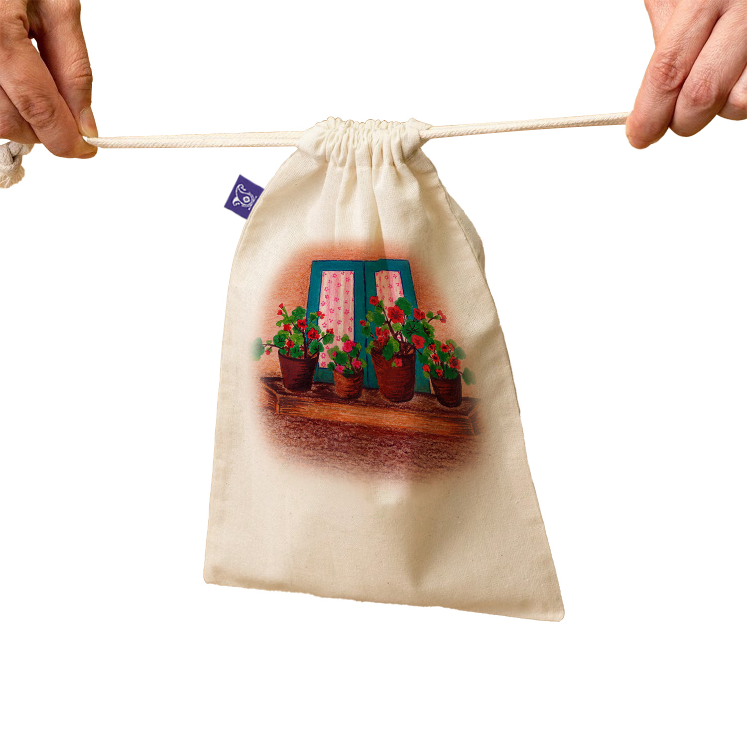 抽绳棉布收纳袋 – 环保可重复使用，花卉图案