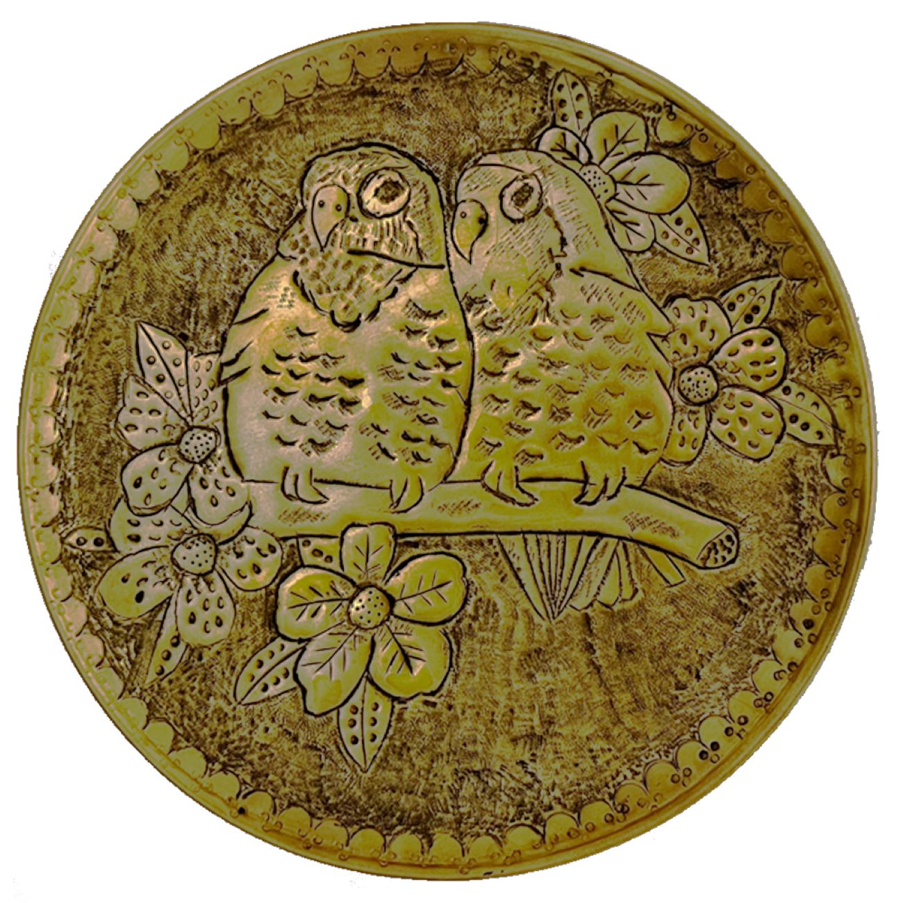 装饰性黄铜托盘,手工雕刻盖拉姆扎尼圆形,带有鸟与花图案