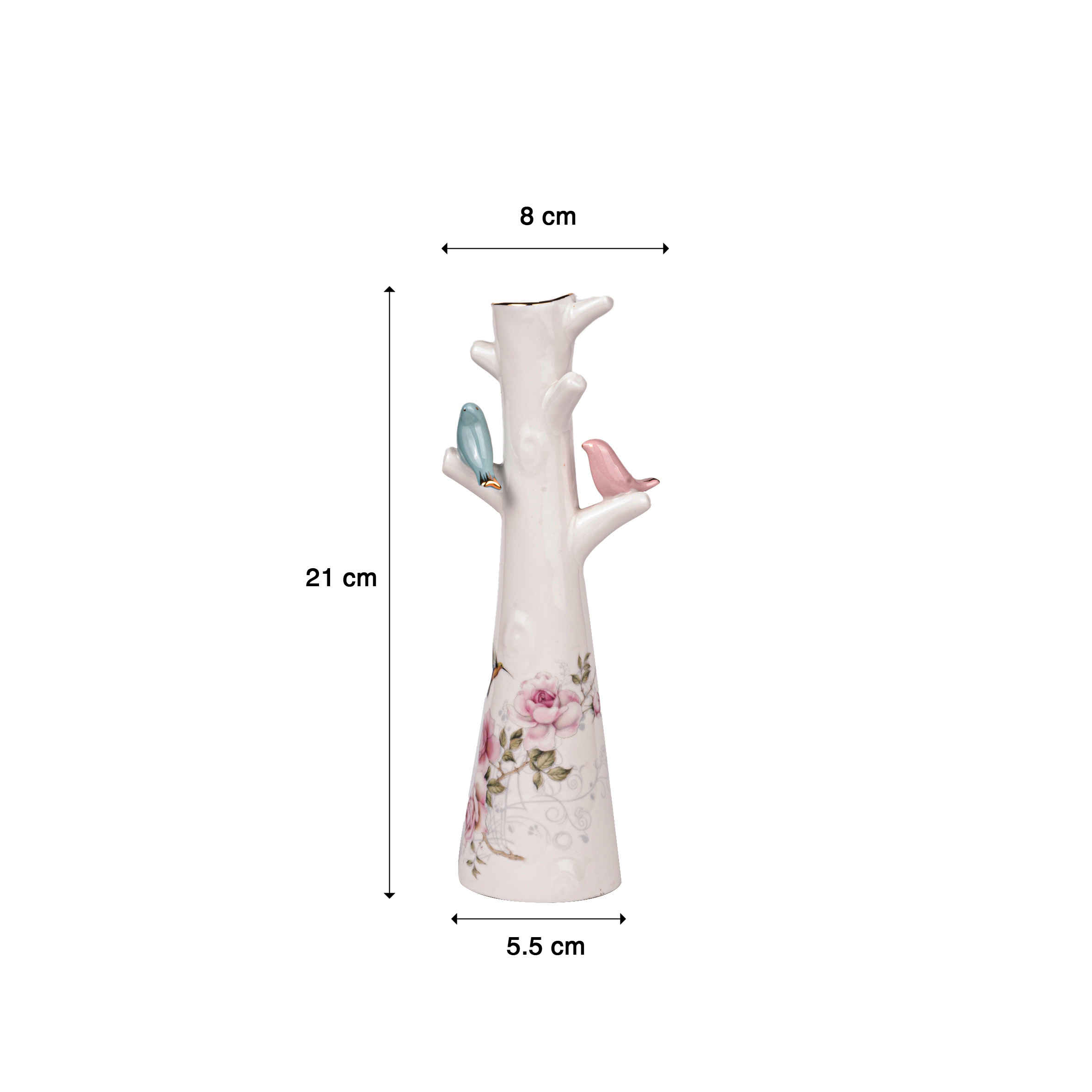 装饰陶瓷小花瓶 – 花卉与鸟图案 白色