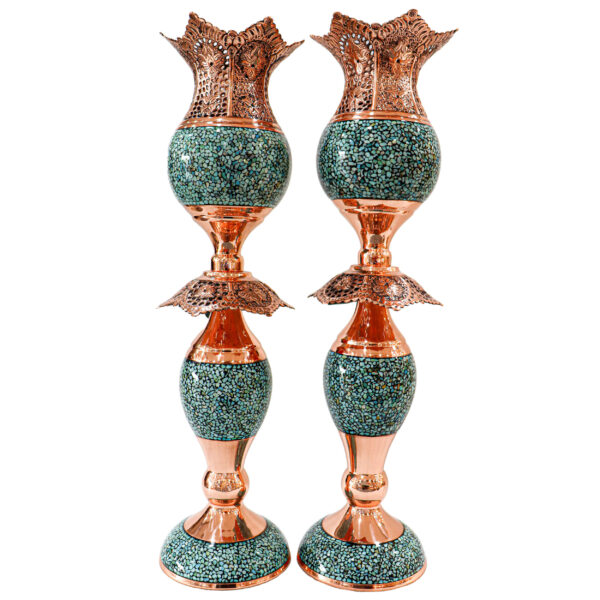 手工波斯铜烛台 – 镶绿松石（2 件）