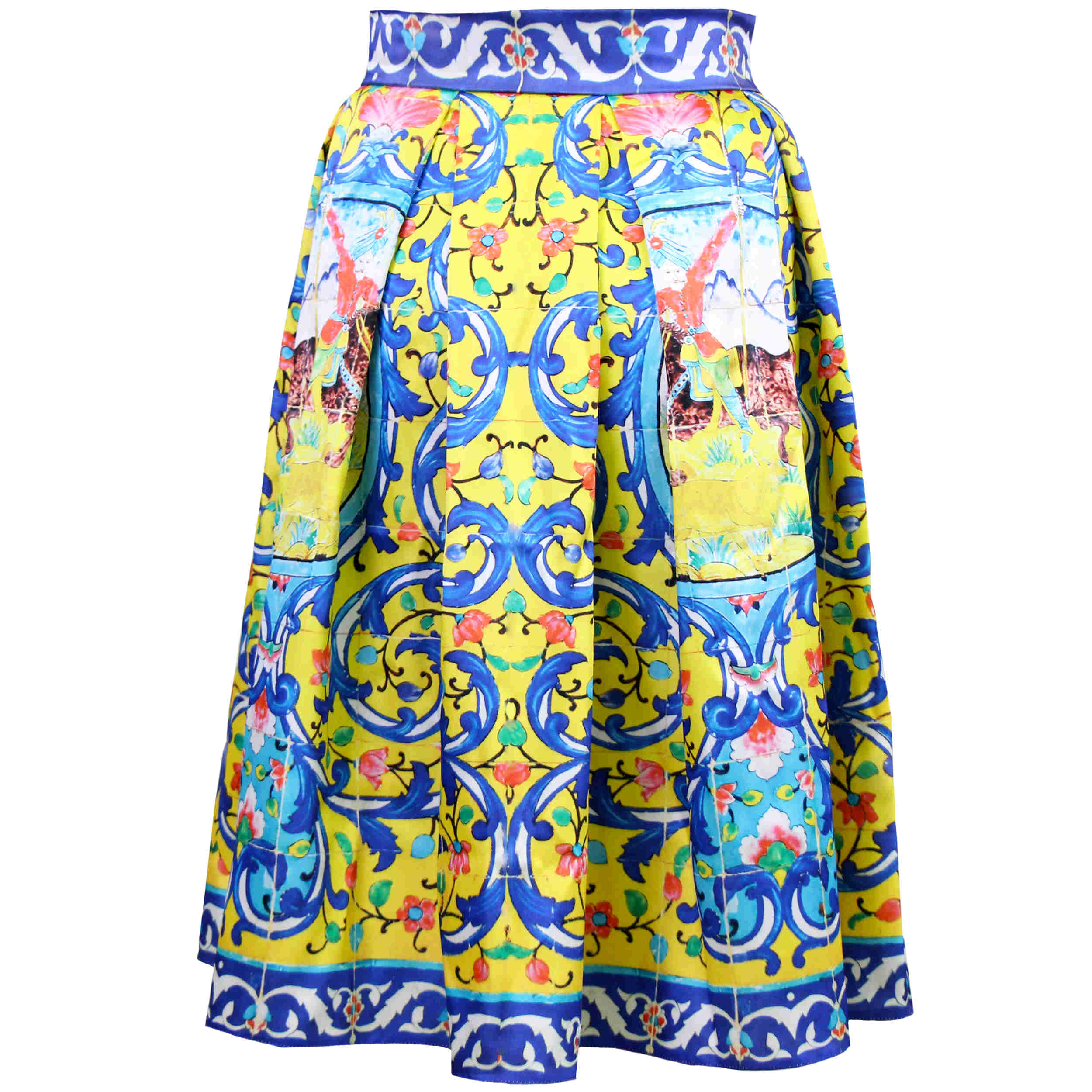 波斯女款百褶裙，黄色，瓷砖图案