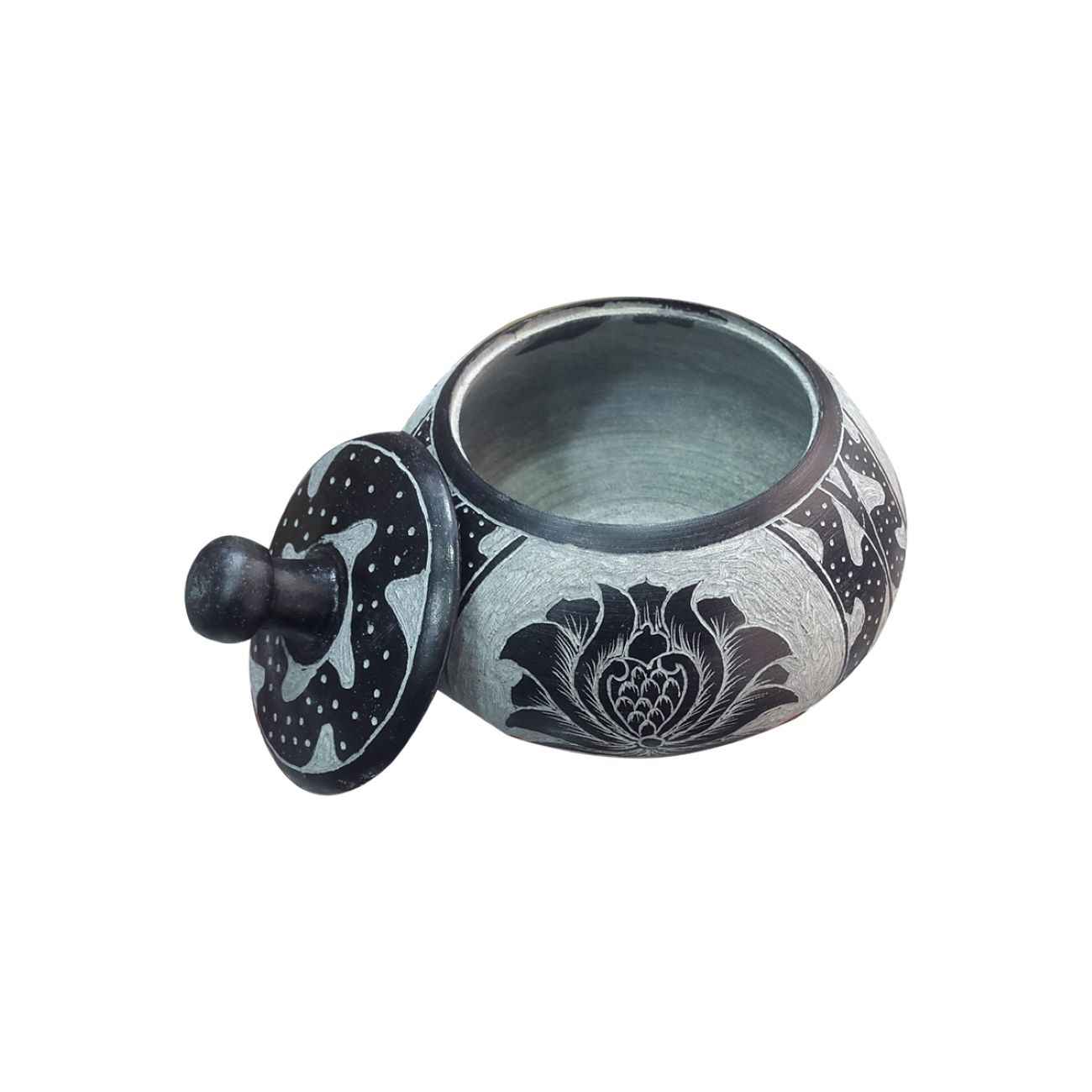 手工石质带盖糖碗 – 艺术花卉设计