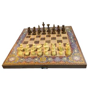 波斯镶嵌木质象棋棋盘（32颗棋子）– 传统设计