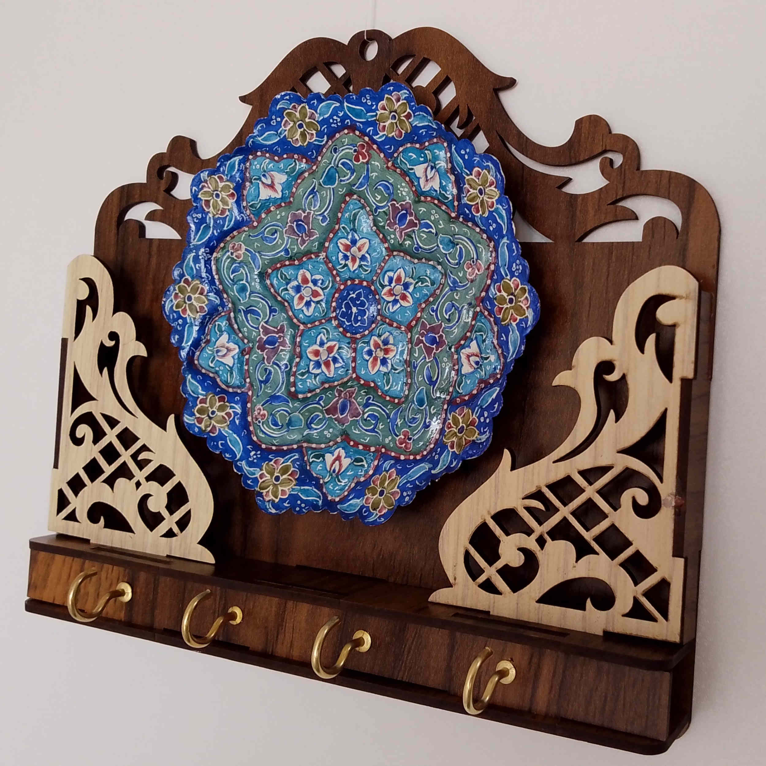 手工波斯木质墙面钥匙挂架 – 4钩