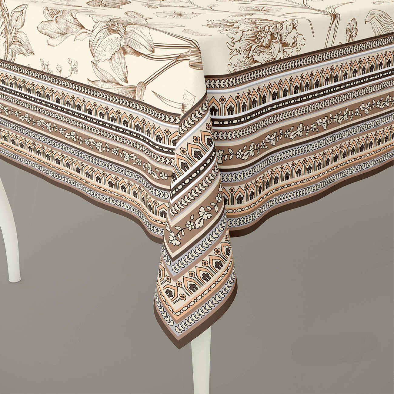 印花桌布,花卉边框,棕色,6人座