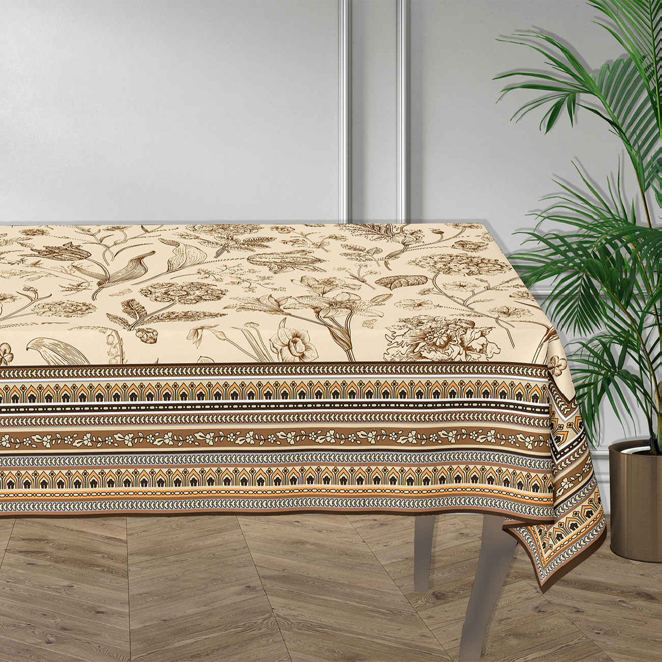 Main image of 印花桌布，花卉边框，棕色，6人座