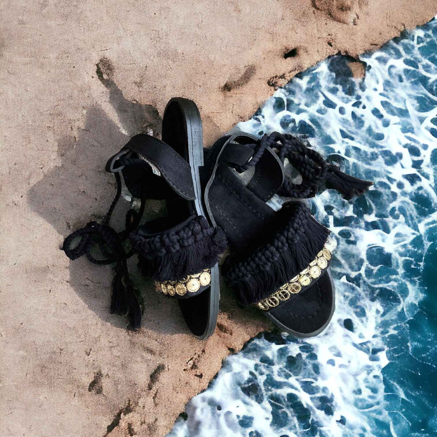 手工编织波西米亚风格黑色后系平底凉鞋