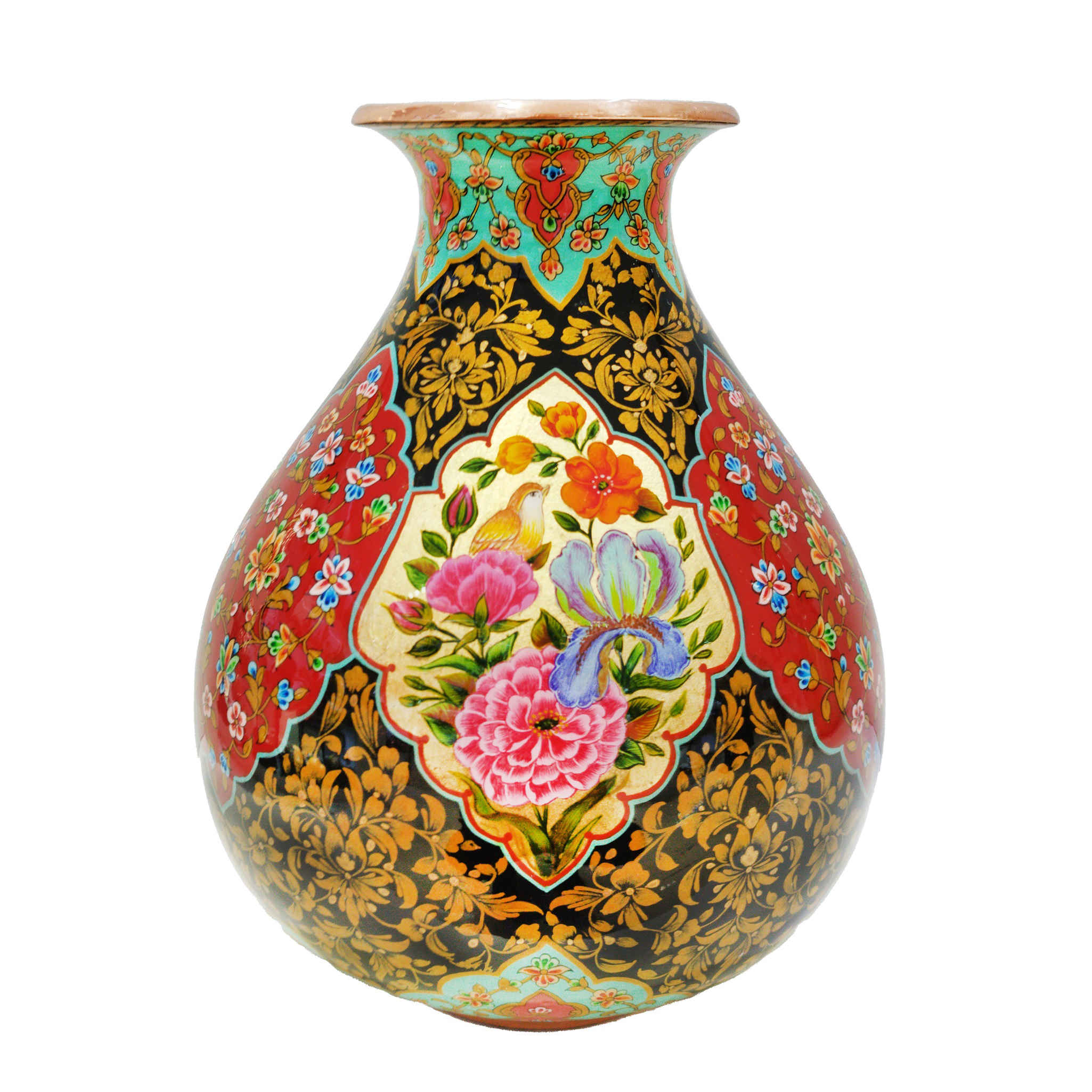 Main image of 装饰波斯铜花瓶 – 手工 Gol o Morgh 图案 艺术款